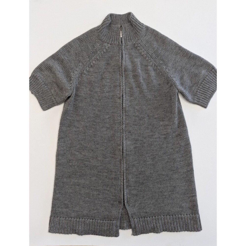 Coldwater Creek Wool Blend Full Zip Short Sleeve Gray Chunky Long Sweater M